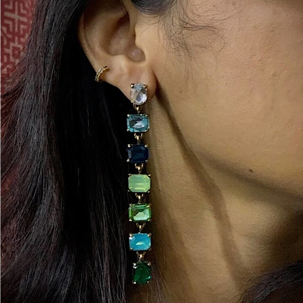 Antique Gold Emerald Cut Crystal Opal Sapphire Aquamarine Tassel Drop Earrings - Picture 3 of 12